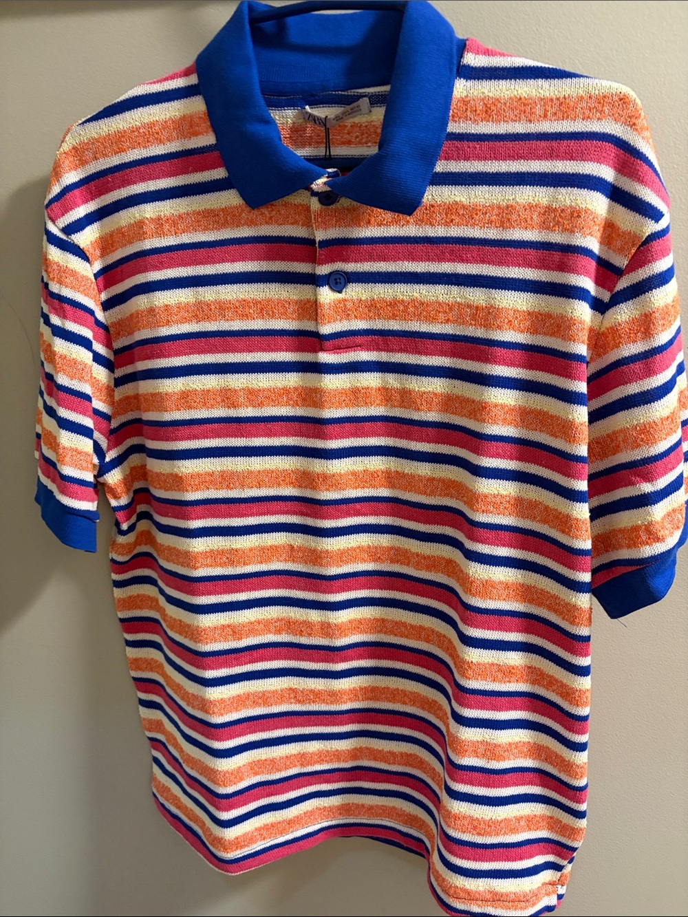 Zara Men's Striped Polo Sweater in Blue, Orange, Pink, White